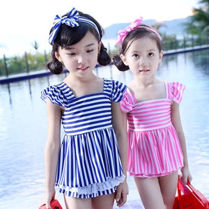 Girls Striped Swimsuit Ruffle Lace Split Swimwear Top And Bottoms And Headband Kids Polyester Beachwear Navy Style