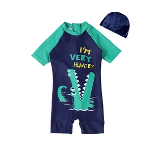 Children's quick-dry dinosaur swimsuit set with navy blue one-piece suit and matching hat