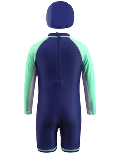Dettaglio del set costume da bagno bimbo a maniche lunghe con zip sulla schiena