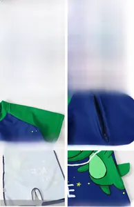 Detail of blue cartoon dinosaur swimwear showing zipper, cuffs and skin-friendly lining