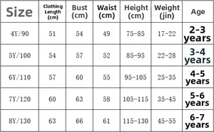 Tabella dettagliata delle taglie per costume da bagno bimbo manica lunga da 4Y a 8Y