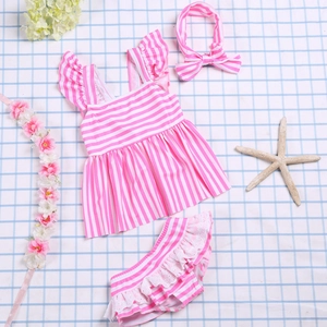 Toddler girl nautical stripe swimsuit set with lace trim top and matching headband