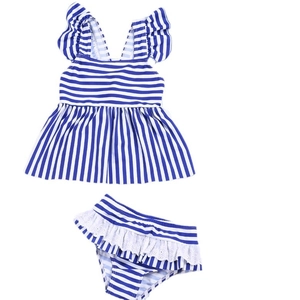 Girls' two-piece navy striped swimsuit with ruffle trim and lace detail on the waist