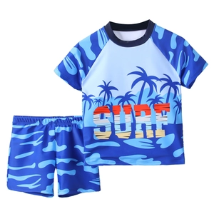 Boys two-piece quick-dry swimwear set with surf palm tree print and sun protection