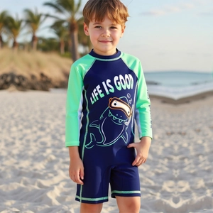 Costume Intero da Ragazzo Manica Lunga Protezione Solare Stampa Squalo Cartone Animato Bambino Asciugatura Rapida Con Cuffia