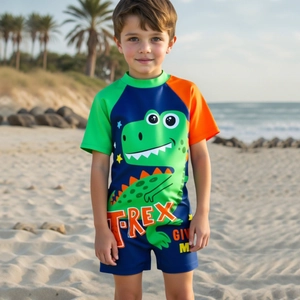 Boys Cartoon Dinosaur One Piece Swimsuit And Swim Hat Sun Protection Quick Dry Color Block Toddler Swimwear