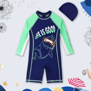 Costume da bagno intero per bambini con squalo cartone animato e cuffia coordinata