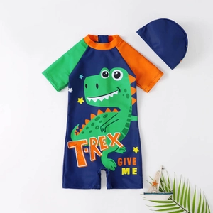 Kids quick-dry one-piece swimsuit set with cartoon dinosaur print and matching swim hat