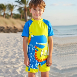 Maillot de Bain Une Pièce pour Garçons Motif Dinosaure Avec Bonnet de Bain Séchage Rapide Protection Solaire Manches Courtes Enfant Bleu Jaune