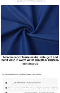 Close-up of quick-dry navy fabric texture and care labels for children's swimwear