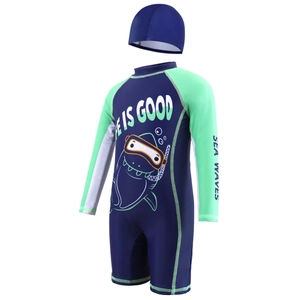 Costume da bagno intero per bambini con squalo a maniche lunghe e cuffia coordinata