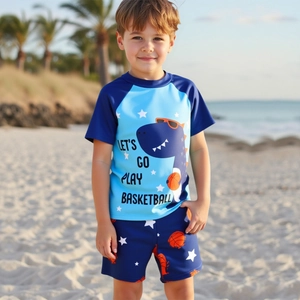 Kids Boys Dinosaur Basketball Print Swimsuit Short Sleeve Top Shorts And Cap Sun Protection Quick Dry Swimming Suit