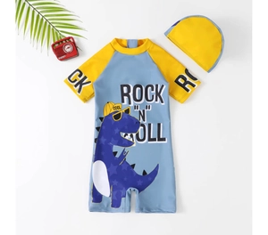 Detail of cartoon dinosaur pattern and high-elastic fabric on boys' one-piece swimwear
