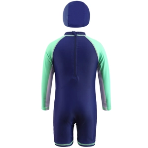 Costume da bagno bimbo a maniche lunghe con zip posteriore e cuffia abbinata in blu navy