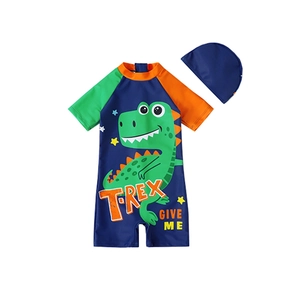 Kids' cartoon T-Rex dinosaur short sleeve swimsuit set with matching swim cap