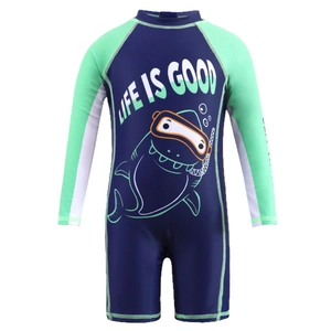 Costume da bagno intero a maniche lunghe per bambini con squalo cartone e stampa Life Is Good