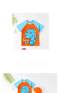 Detail view of boys orange dinosaur swimsuit set with matching swim cap and Dino print
