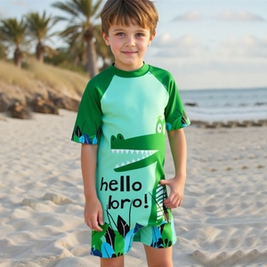 Boys One Piece Swimsuit And Swim Cap Cartoon Crocodile Printed Short Sleeve Quick Dry Sun Protection Rash Guard Beachwear