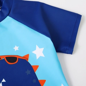Kids boys two-piece dinosaur swim suit with short sleeves and sun protection in navy blue