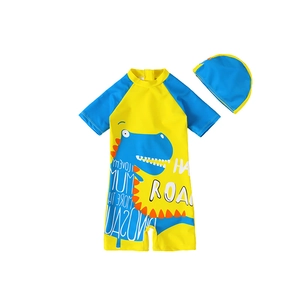 Maillot de bain dinosaure une pièce pour enfants avec bonnet assorti jaune et bleu