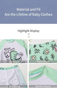Detail of boys long sleeve surfing suit showing dinosaur prints and quick dry fabric