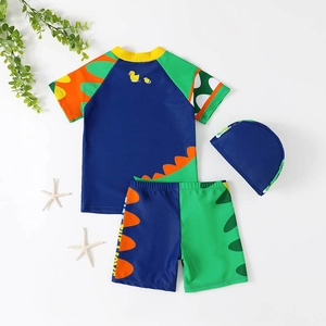 Kids dinosaur swimsuit set with cartoon short sleeve top, shorts and matching swim cap