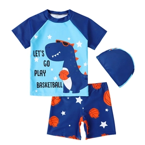 Toddler boys dinosaur basketball swimsuit set with short sleeve top shorts and cap