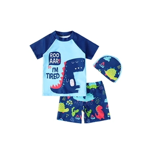 Three-piece boys dinosaur swimwear set with short sleeves, shorts and matching swim cap