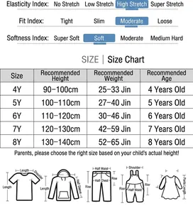 Size chart for boys swimwear showing height and weight guides for ages 4 to 8 years old