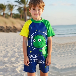 Boys One-Piece Swimsuit With Swim Cap Cartoon Dinosaur Space Adventure Quick Dry Short Sleeve Sun Protection Swimwear Set