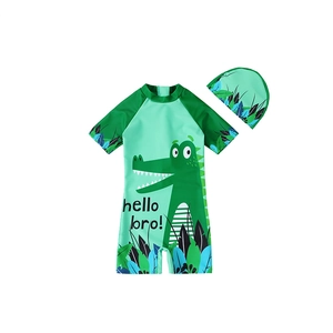 Kids green sun protection one-piece swimsuit set with cartoon crocodile and swim cap