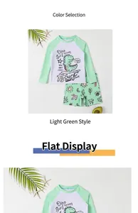 Flat lay of boys long-sleeve dinosaur surfing swimsuit with quick-dry fabric in light green