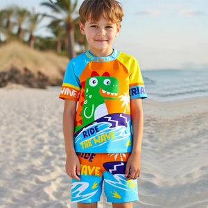 Ragazzi Cartoon Dinosauro Rash Guard a Maniche Corte E Pantaloncini E Cuffia da Nuoto Protezione Solare ad Asciugatura Rapida Costumi da Bagno
