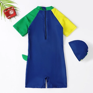 Toddler boys quick-dry one-piece dinosaur swimsuit with matching swim cap set