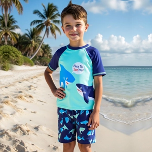 Kids short sleeve shark swimsuit set with two-piece UV protection for beach swimming