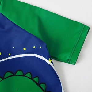 Boys quick-dry cartoon dinosaur hooded swimsuit with contrasting blue and green sleeves