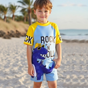 Boys Cartoon Dinosaur Print One Piece Swimsuit And Matching Swimming Hat Short Sleeve Sun Protection Rash Guard Beachwear