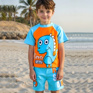 Boys Cartoon Dinosaur Swimsuit Rash Guard And Trunks And Cap Short Sleeve Quick Dry Beach Swimwear For Kids Toddler