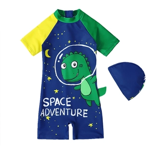 Quick-dry boys' dinosaur one-piece swimsuit with matching hat and cartoon space print