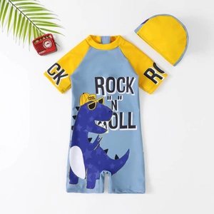 Cartoon dinosaur one-piece boys swimwear set with short sleeves and matching swim cap