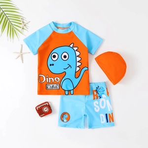Three-piece boys' swimsuit set with orange raglan sleeves and cartoon dinosaur print