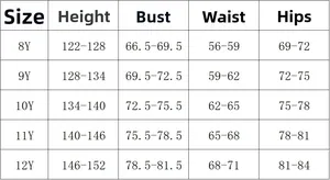 Detailed size chart for kids' coconut tree swimwear with height and body measurements