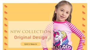 Détail du maillot de bain manches longues licorne pour fille avec rayures roses d'été