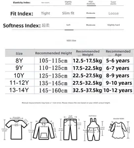 Size chart for girls long sleeve swimwear showing height and weight guides for ages 5-12