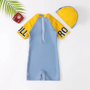 Cartoon boys one-piece swimsuit set with matching cap and letter print sleeves