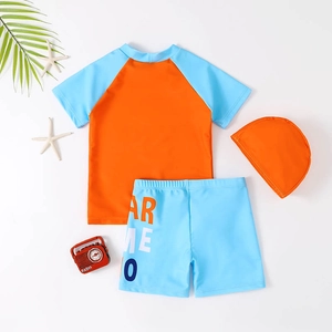 Three-piece cartoon boys swimwear set with short sleeve top, trunks and swim cap