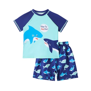 Kids boys two-piece swimsuit with cartoon shark print and quick-dry short sleeves