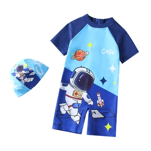 Kids boys one-piece astronaut swimwear set with matching swimming cap and short sleeves