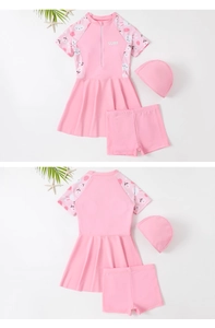 Three-piece pink girls swimwear detail with surf logo and cartoon rabbit sleeves