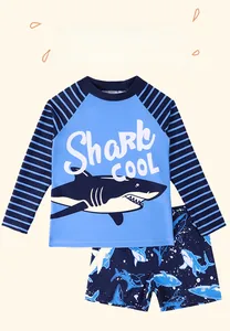 Close-up of shark graphic long sleeve top and printed swim shorts for boys